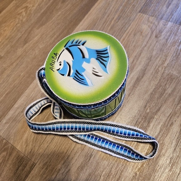 Set Of 2 Vtg Hand Painted Small Hand Drums Bongo Aruba Dominicana W/Strap Bird - Picture 2 of 10